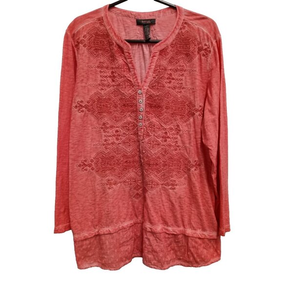 Style & Co Top Womens Size 2X Pink Embroidered Floral BOHO Peasant V-Neck - Picture 1 of 10